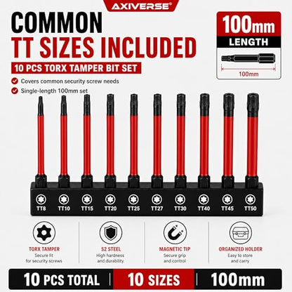 10PCS Security Torx Bit Set TT6-TT40, 4-Inch for Impact Drivers | TT6-TT40 Tamper-Resistant Star Bits, 4 in Long, Magnetic Tips, 1/4 in Hex Shank, Impact-Ready Alloy Steel, Clear Case - size: 4 in