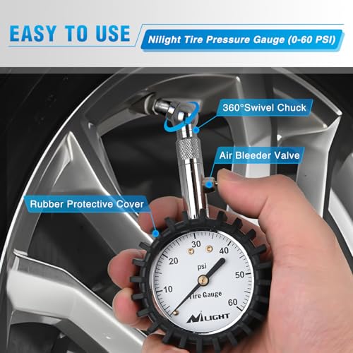 Nilight Tire Pressure Gauge 60PSI Heavy Duty Stainless Steel Air Chucks ANSI B40.1 Certified Large 2" Dial Wheel Service Checker for Truck Semi Truck ATV Motorhome Cars & RV Accessories - color: 60psi Tire Gauge