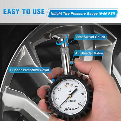 Nilight Tire Pressure Gauge 60PSI Heavy Duty Stainless Steel Air Chucks ANSI B40.1 Certified Large 2" Dial Wheel Service Checker for Truck Semi Truck ATV Motorhome Cars & RV Accessories - color: 60psi Tire Gauge