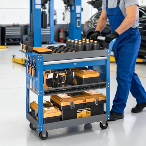 3 Tier Rolling Tool Cart on Wheels,Mechanic Tool Cart with Lockable Drawers,440 LBS Load Capacity Tool Storage Cart with Pegboard and Hook,Industrial Utility Cart,for Garage, Workshop and Warehouse