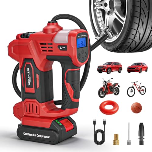 Tire Inflator Portable Air Compressor,20V Cordless Tire Inflator with 150PSI Max,4X Faster Portable Air Pump,Battery Powered Pump with Digital Pressure Gauge for Car Tires,Motorcycle,Bike,Balls - color: Red