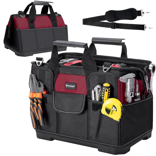 TICONN Heavy Duty Tool Bag with Multi-Pockets, Portable Tool Box Organizer Storage Bag, with Adjustable Shoulder Strap and Ergonomic Handle (Red, 16" Molded Base) - color: Red, size: 16" Molded Base