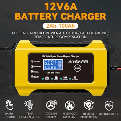 6A 12V Car Battery Charger Maintainer Trickle Charger, Yellow | Smart Battery Desulfator, Temperature Compensation, for Car Truck Motorcycle, Lawn Mower Marine - color: Yellow
