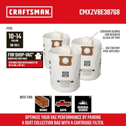 CRAFTSMAN CMXZVBE38768 10-14 Gal. Wet Dry Shop Vacuum Dust Collection Bags | For General Debris, Fits Most 10 to 14 Gallon Shop Vacuums, Collects Dry Only Debris, Reduces Cleanup Time, 3-Pack - style: 10-14 Gallon General Purpose