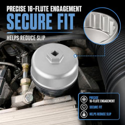 86mm 16 Flute Oil Filter Wrench for BMW Volvo, 6061 Aluminum Oil Filter Cap Removal Tool, 3/8" Drive Compatible, Fits N54 N55 N20 N63 BMW X3 X5 328i 535i Volvo XC90 XC70 S60 Oil Change Kit
