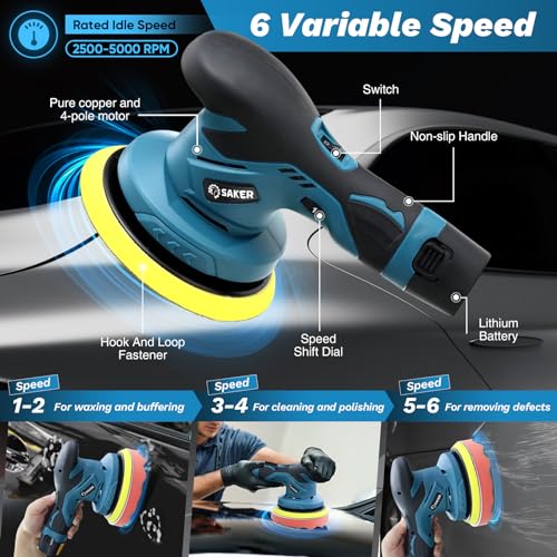 Saker Mini Cordless Buffer Polisher - 6 Inch Portable Polishing Machine Kit for Car Detailing, with 1PC 12V 2000mAh Rechargeable Battery, extra 10 PCS Attachments - style: BUFFER POLISHER FOR CAR DETAILING+ 1 BATTERY