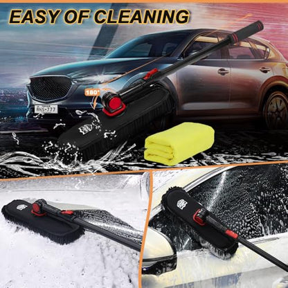 Car Wash Brush with Long Handle, Chenille Microfiber Car Wash Mop Kit, Scratch Free Car Cleaning Supplies with Ergonomic 15掳 Curved Extension Pole for RV Truck Boat Windshield - Black - color: Black