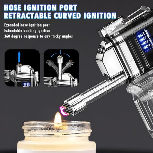 Electric Lighter with 360° Flexible Long Neck Plasma Lighters, LED Battery Display & Flashlight, USB Rechargeable Flameless Arc Windproof Lighters for Candle, Outdoor, Camping, Survival (Silver) - color: Silver