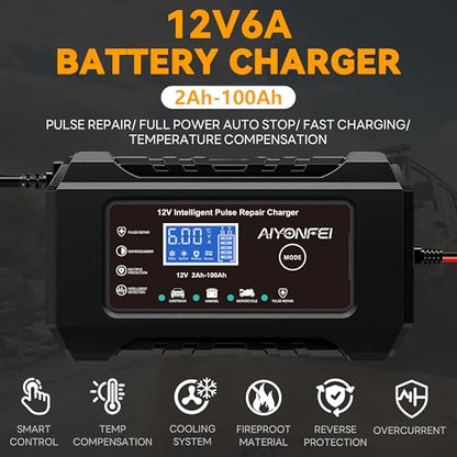 6A 12V Car Battery Charger Smart Maintainer Trickle Charger, Black | Smart Battery Desulfator, Temperature Compensation, for Car Truck Motorcycle, Lawn Mower Marine - color: Black