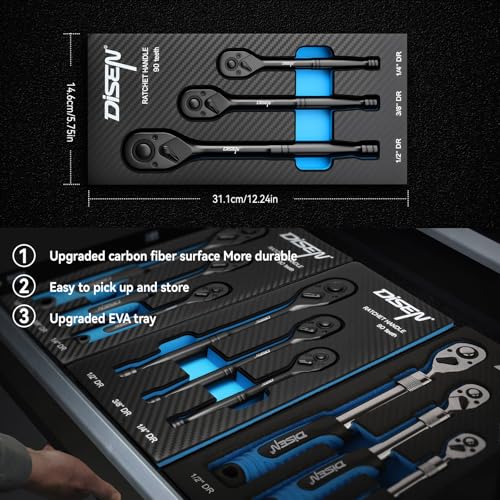 DISEN 3PCS Black Ratchet Wrench Set (1/2", 3/8", 1/4" Drive) - 90-Tooth Drive Ratchet Socket Wrench, Black Oxide Finish with Reversible Quick Release & EVA Tray - Industrial Ratchet Wrench Kit - size: 3 pieces Standard Ratchet Set - Standard Handle