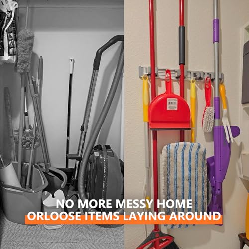 reliahom Broom Holder Wall Mount Mop Hanger Tools organizer 4Racks 5Hooks | Adjustable Mop Broom Wall Hanging Heavy duty Tools Storage Rack Space-saving for Garage,Kitchen,Laundry Room,Garden, Silver - color: Silver