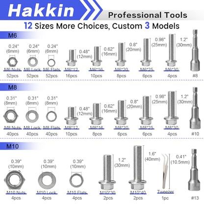 370PCS Metric Flange Bolt Assortment, M6x1.0, M8x1.25, M10x1.5 (12mm to 40mm) Hex Head Bolts and Nuts Assortment, Stainless Steel 304 Flange Bolts Nuts Washers Kit Hakkin, Hex Socket Included - size: M M6 M8 M10 Flanged Bolt Silver 370pcs