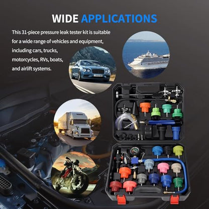 VTG VOGTEN 31PCS Coolant Pressure Tester Kit,Radiator Pressure Tester and Vacuum Refill Kit for Automotive Cooling System Water Tank Leakage Detection - color: Black