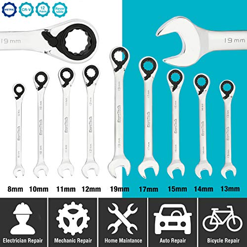 DURATECH Reversible Ratcheting Combination Wrench Set, Metric, 9-Piece, Open end Spanner with Rolling Pouch, 8 mm to 19 mm, 12 Point, CR-V Steel - size: Metric