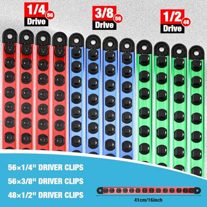 Ceenna 12 Piece Magnetic Socket Organizer Set, Heavy Duty Socket Holder, Sockets Rack Kit with 1/4-inch x 14 Clips, 3/8-inch x 14 Clips, 1/2-inch x 12 Clip, Gift for Men, Red, Blue and Green