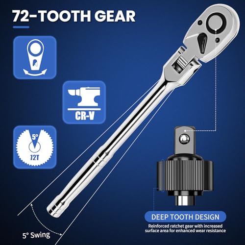 6-Piece Flex Head Ratchet Set, 1/4 3/8 1/2 Inch Drive, 72-Tooth 180° Swivel Head with Quick-Release, Includes Extension Bar & EVA Storage Case for Auto & DIY Repairs - color: 6pcs
