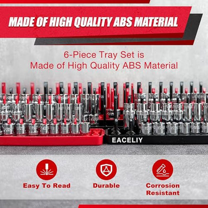 EACELIY Socket Organizer Tray Set,1/2", 1/4" and 3/8" SAE & Metric Deep & Shallow Socket Holder Kit, Deep and Shallow Socket Holders for Toolboxes(sockets not included) 丨6PCS - size: 6PCS