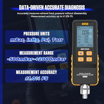 AUTOOL Digital Exhaust Back Pressure Gauge, Exhaust Back Pressure Tester Kit -500~2000mBar for Gasoline Diesel with Adapters & Hoses, Data Holding, Backlit Screen (PT670)