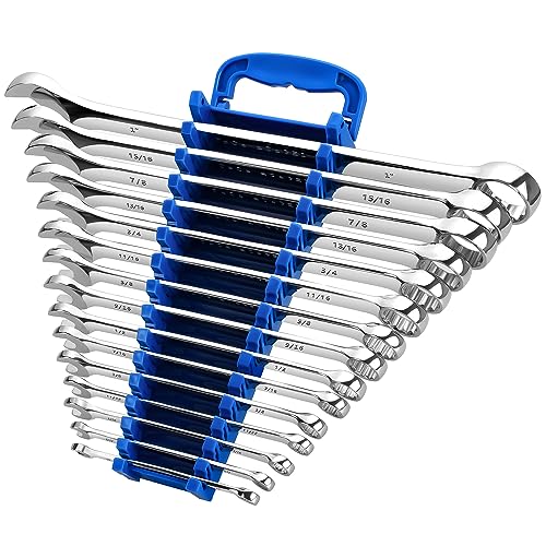 Max Torque 15-Piece Premium Combination Wrench Set, Complete SAE Inch Sizes from 1/4” to 1” with Rack Organizer | Cr-V Steel, Mirror Chrome Finish, Long Pattern, V-Groove Open End and 12-Point Box End - size: Regular (1/4" to 1")