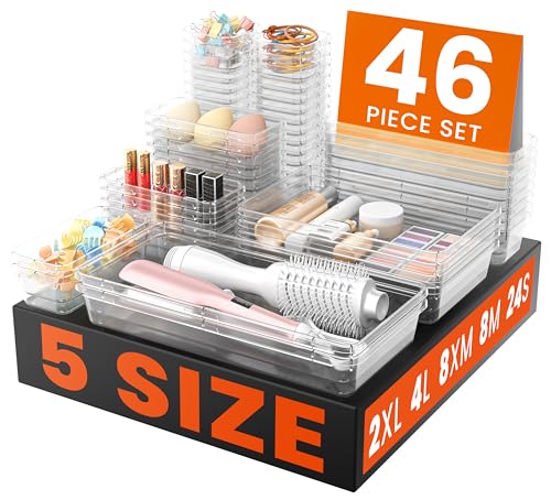 A-LuGei 【46PCS & 5Sizes Clear Drawer Organizer,【Hold 277 Items】 Makeup Organizer, Bathroom Organizers and Storage, Organization and Storage, Organizer Bins for Office Vanity Kitchen Tool Trays - color: Clear