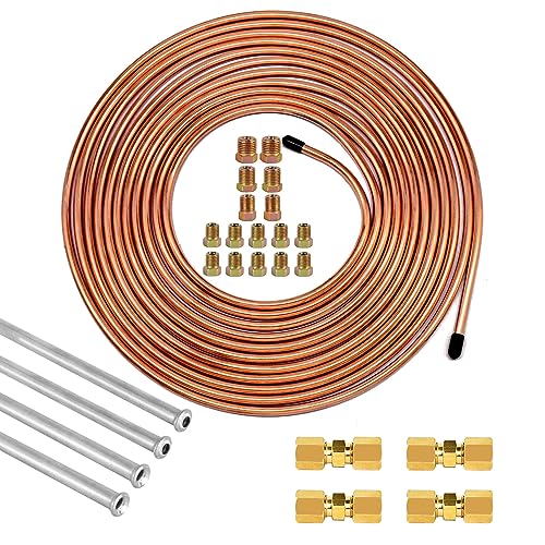 MuHize 3/16 Inch Brake Line Repair Kit (20 Feet, Copper-Coated) - Brake Tubing for Ford/Dodge Trucks - 4 Unions + 16 Braking Fittings Set - color: Gold, size: 3/16 Inch