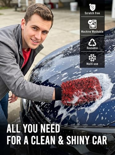 TAKAVU Car Wash Mitt, 2 Pack Microfiber, Scratch-Free (Red & Black) | Soft Lint-Free Wash Gloves Hold Sudsy Water for Auto Detailing, Machine Washable, Safe on Paint & Coat - color: Red