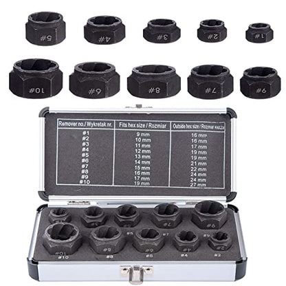 10 Pieces Nut Remover Extractor Tool Easy Out Bolt Extractor Set, 9-19mm Nut Screw Extractors Removal Set Broken Bolt Extractors Socket With Storage Case