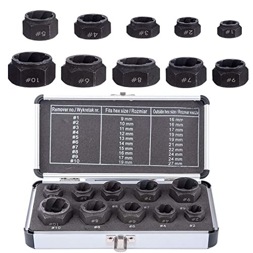 10 Pieces Nut Remover Extractor Tool Easy Out Bolt Extractor Set, 9-19mm Nut Screw Extractors Removal Set Broken Bolt Extractors Socket With Storage Case