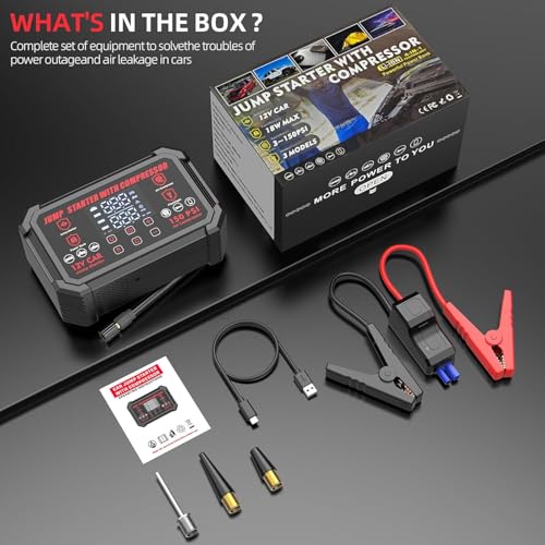 Jump Starter with Air Compressor, 4000A Peak Portable Car Battery Jumper Starter with 150PSI Auto-Shutoff Tire Inflator, 12V Car Jump Box with LED Light&LED Display All Gas /10L Diesel,Motorcycle
