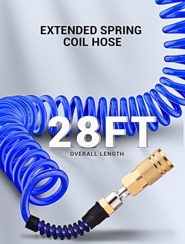 EVOULTES 1/4 In x 28 Ft Polyurethane Recoil Air Compressor Hose, Upgraded Air Hose with Repairable Bend Restrictor, Air Hose kit w/ 360° Swivel 1/4" NPT Coupler & Brass Quick Connect Air Fittings - color: Blue
