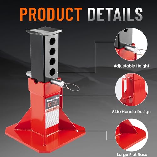 Heavy Duty Jack Stands 12 Ton (24,000 lb) Capacity, 2-Pack, Red | Low Profile Design, Pin Lock Mechanism, Adjustable Height Range, Fits Car SUV Truck Pickup, Steel Construction, 2 Pack Set - size: 12 Ton
