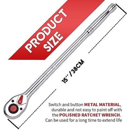 1/2 Inch Drive Ratchet Wrench, 1/2 Ratchet Wrench Long Handle, Socket Wrench, 72-Tooth Quick-release Reversible Cr-Mo Head, Chrome Steel Made - 15''38cm - size: 1/2" Standard Ratchet - 15 inch