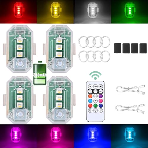 4PCS Wireless LED Strobe Lights with Remote Control, Upgraded to 350 mAh USB Rechargeable 8-Color High Brightness Waterproof Anti-Collision Warning Lights for Car, Motorcycle, Drone, Truck, Bike - color: 8 color - 4pcs