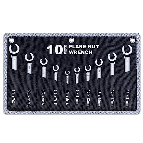 10-Piece Complete Metric and SAE Flare Nut Wrench Set with Pouch | Metric 9mm - 21mm, Inch 1/4” - 7/8” | Cr-V Steel, 6-Point Double-End Design, Perfect Line Wrench for Fuel, Brake and Air Conditioning