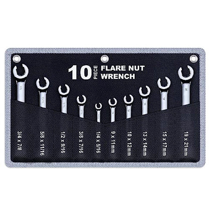 10-Piece Complete Metric and SAE Flare Nut Wrench Set with Pouch | Metric 9mm - 21mm, Inch 1/4” - 7/8” | Cr-V Steel, 6-Point Double-End Design, Perfect Line Wrench for Fuel, Brake and Air Conditioning