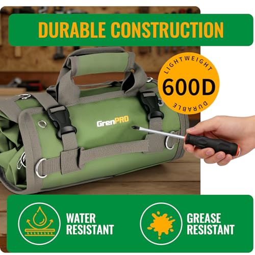 GrenPRO Roll Up Tool Bag With Detachable Pouches, Heavy Duty Organizer With 6 Pockets for Mechanics, Electricians, DIY, Gifts for Dad, Men Birthday Gift, Green - color: Green