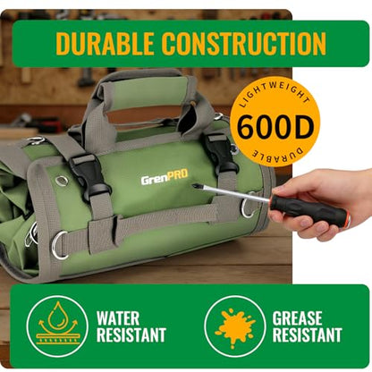 GrenPRO Roll Up Tool Bag With Detachable Pouches, Heavy Duty Organizer With 6 Pockets for Mechanics, Electricians, DIY, Gifts for Dad, Men Birthday Gift, Green - color: Green
