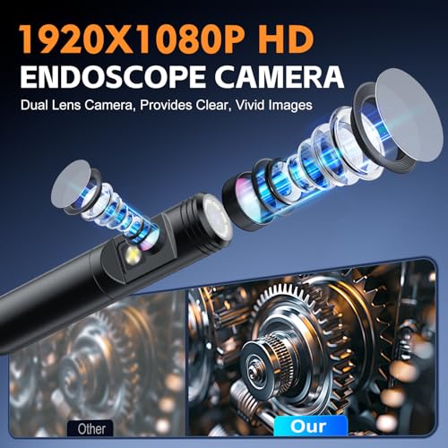 Dual Lens Endoscope Camera with Light, 1920P HD Borescope Camera with 4.3" LCD, 8 Adjustable LEDs, 16.4FT Semi-Rigid Cable & 32GB Card-IP67 Waterproof Inspection Borescope for Sewer/Drain/Pipe(Black)