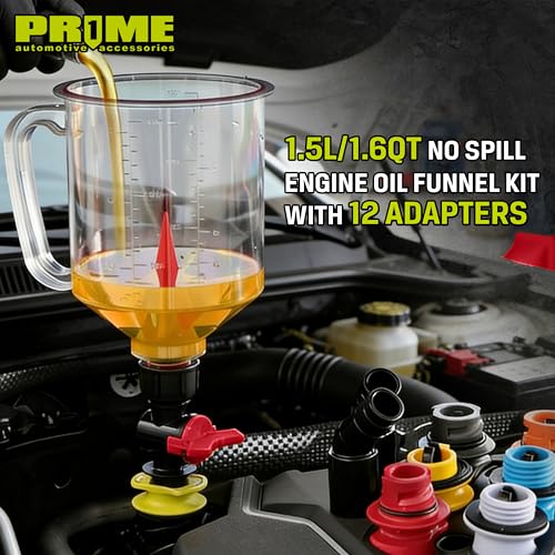 PR1ME 20 Pcs No Spill Engine Oil Funnel Kit,1.5L/1.6QT Oil Change Funnel with 12 Adapters,Elbow Fitting, Arrow Screen & Magnetic Boards,Compatible with GM,BMW,Toyota,Chrysler,Ford,Volvo,Lexus,Honda