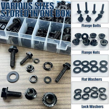 208PCS M6x1.0 Metric Flange Bolt Kit (10mm 12mm 16mm 20mm 25mm 30mm) 10.9 Grade Black Hex Bolts and Nuts Washers Kit - size: Flange Bolts-M6-208PCS