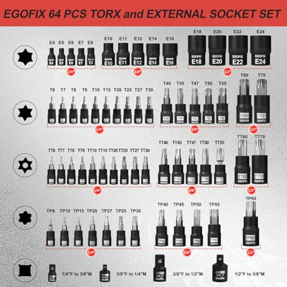 Torx Bit Socket and External Socket Set, S2 and Cr-V Steel, Master Impact Torque Output Complete Kit 64 Pieces - style: 64PCS T & E socket set
