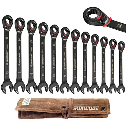 ironcube Reversible Ratcheting Wrench Set: 12-Piece Metric 8-19mm - Tough Black - Wax Canvas Storage Bag - Automotive and Motorcycle Repair Tools - size: 12-Piece Metric Reversible