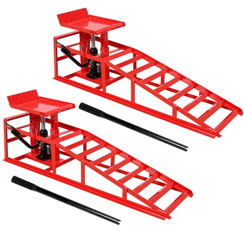 2 Pack Hydraulic Car Ramps with Pedal Auto Car Truck Service Ramps Lifts Low Profile Car Lift Service Ramps Truck Trailer Garage,Height Hydraulic Vehicle Ramps 5 T 10000 LBS (Red) - color: Red