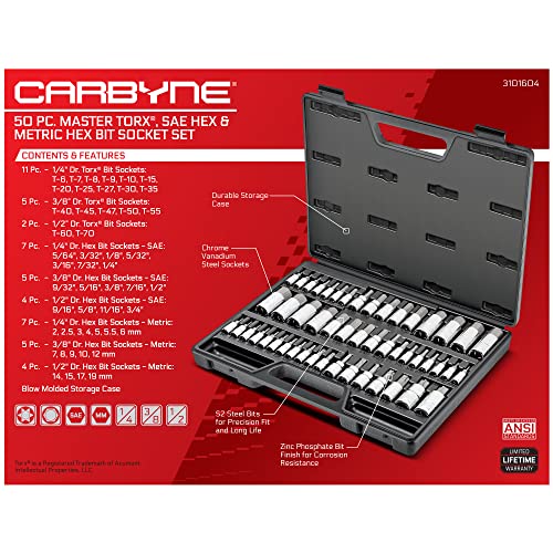 CARBYNE 50-Piece Master Torx and Allen Bit Socket Set S2 Steel SAE and Metric Hex and Star Bit Sockets 1/4 in 3/8 in and 1/2 in Drive Torx T6 to T70 for Automotive and Motorcycle Repair - size: 50 Piece
