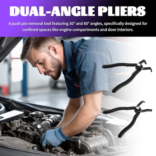 IHOTDER 2PCS Car Push Pin Pliers Set,30° & 80° Angled Jaws Clip Removal Pliers with Non-Slip Grip,Professional Push Pin Removal Tool for Car Trim/Plastic Fasteners/Bumper Clips