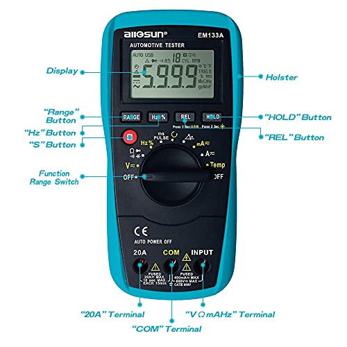 allsun EM133A Auto Multimeter AC/DC Volt Ohm Amp Tester Tool | RPM, Dwell, Pulse Width, Temp, Capacitance, Continuity, Frequency. Diagnostic for car repair, workshop, DIY maintenance