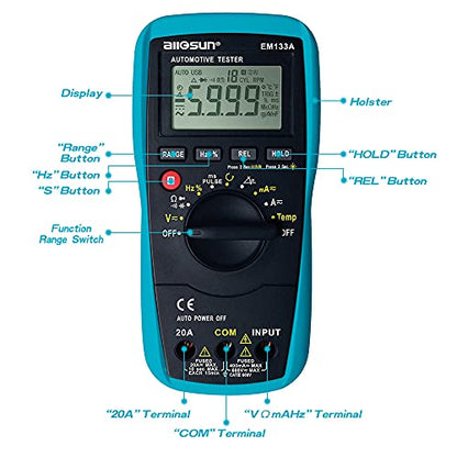 allsun EM133A Auto Multimeter AC/DC Volt Ohm Amp Tester Tool | RPM, Dwell, Pulse Width, Temp, Capacitance, Continuity, Frequency. Diagnostic for car repair, workshop, DIY maintenance