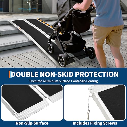 Portable Wheelchair Ramp Heavy Duty Aluminum Folding Ramp w/Non-Slip Surface, 600Lb Capacity, Threshold for Home Steps, Scooter for Car, Doorways, Curbs & Stairs (Foldable, Lightweight, Safety Lock) - size: 6 ft