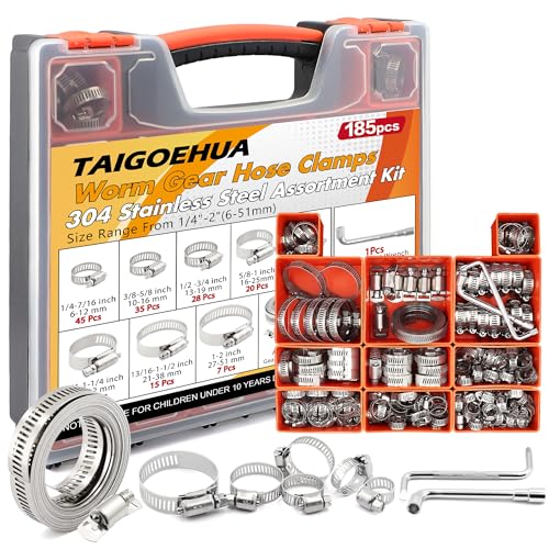 185PCS Stainless Steel Hose Clamp Assortment Kit + 10FT Metal Strap, 1/4"-2"(6-51mm) 304 Worm Gear Heavy Duty Clamps, Radiator Clamps for Automotive Fuel Line Plumbing, with 2 Tools & 8 Fasteners - size: 185 PCS +10FT Metal Strap + 8 Fasteners