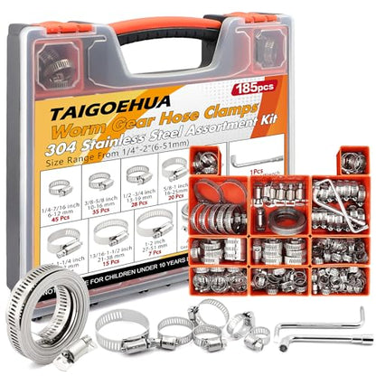 185PCS Stainless Steel Hose Clamp Assortment Kit + 10FT Metal Strap, 1/4"-2"(6-51mm) 304 Worm Gear Heavy Duty Clamps, Radiator Clamps for Automotive Fuel Line Plumbing, with 2 Tools & 8 Fasteners - size: 185 PCS +10FT Metal Strap + 8 Fasteners
